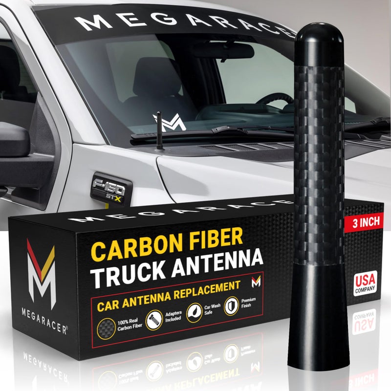Mega Racer 3" Short Black Carbon Fiber Truck Antenna for Ford F150 F250 Bronco RAM 1500 Chevy Silverado GMC Sierra Wrangler Gladiator Tundra Tacoma RAV4 Rogue, Car Wash Safe, Small Stubby Replacement Accessories - Image 1